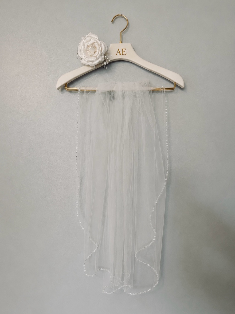Crystal Beaded Fingertip Bridal Veil + Satin Flower Hair Clip Set